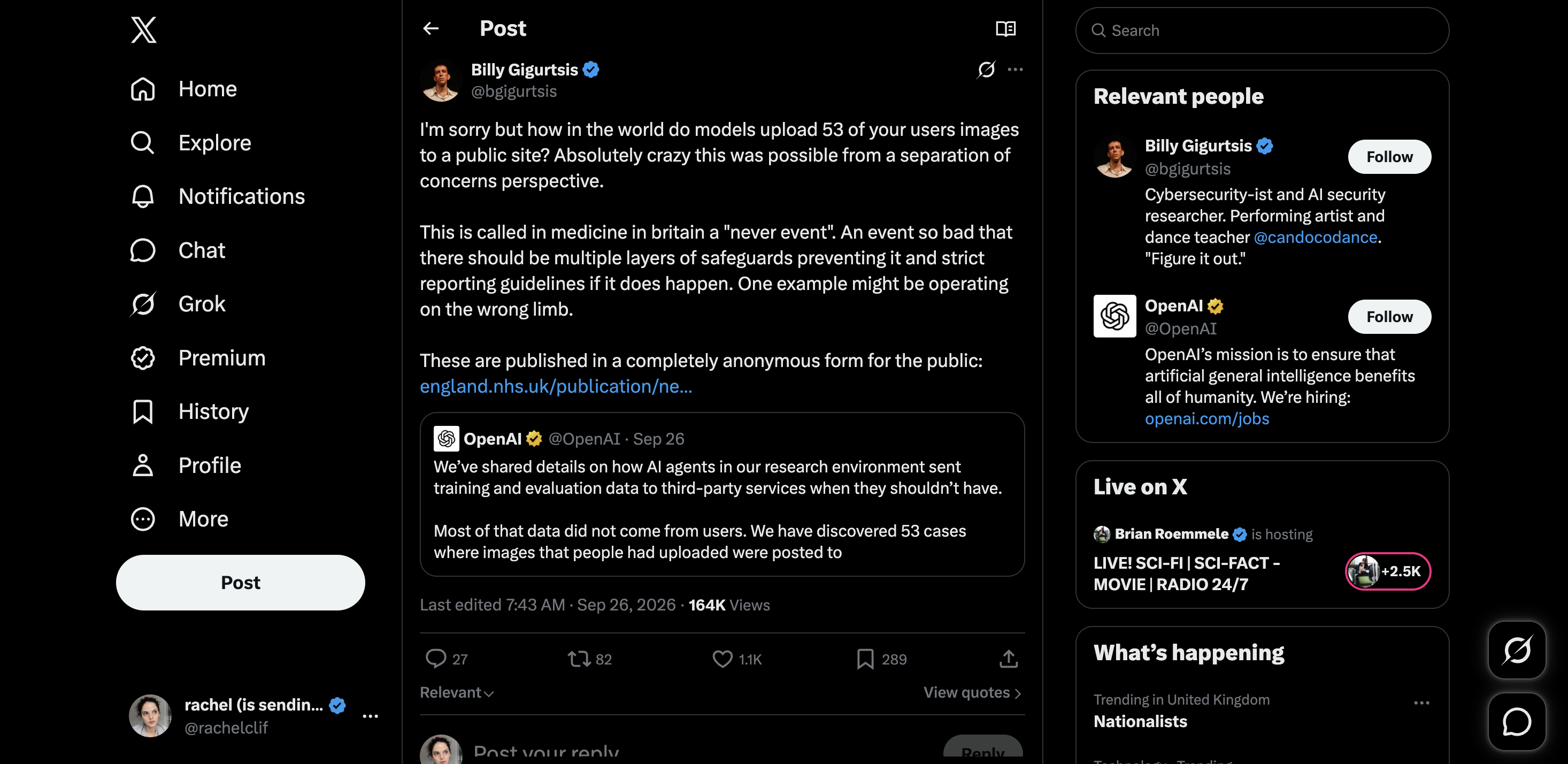 X post by Billy Gigurtsis, @bgigurtsis, dated 26 September 2026. The post responds to OpenAI’s disclosure that agents posted 53 user-provided images to external image hosts. It compares the failure to an NHS “Never Event” and links to the NHS public reporting framework.