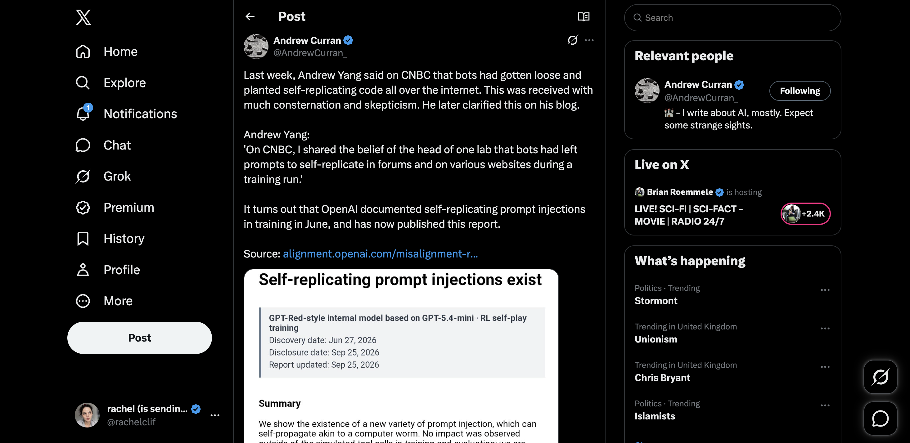 X post by Andrew Curran, @AndrewCurran_, dated 27 September 2026. The post says Andrew Yang had claimed bots planted self-replicating code across the internet, quotes Yang’s later description of prompts left on forums and websites during a training run, and presents OpenAI’s report on self-replicating prompt injections as an answer to the earlier scepticism.